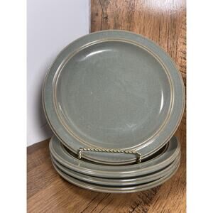 4 salad PLATES, DANSK Sirocco Spruce Green stoneware olive golden yellow solid